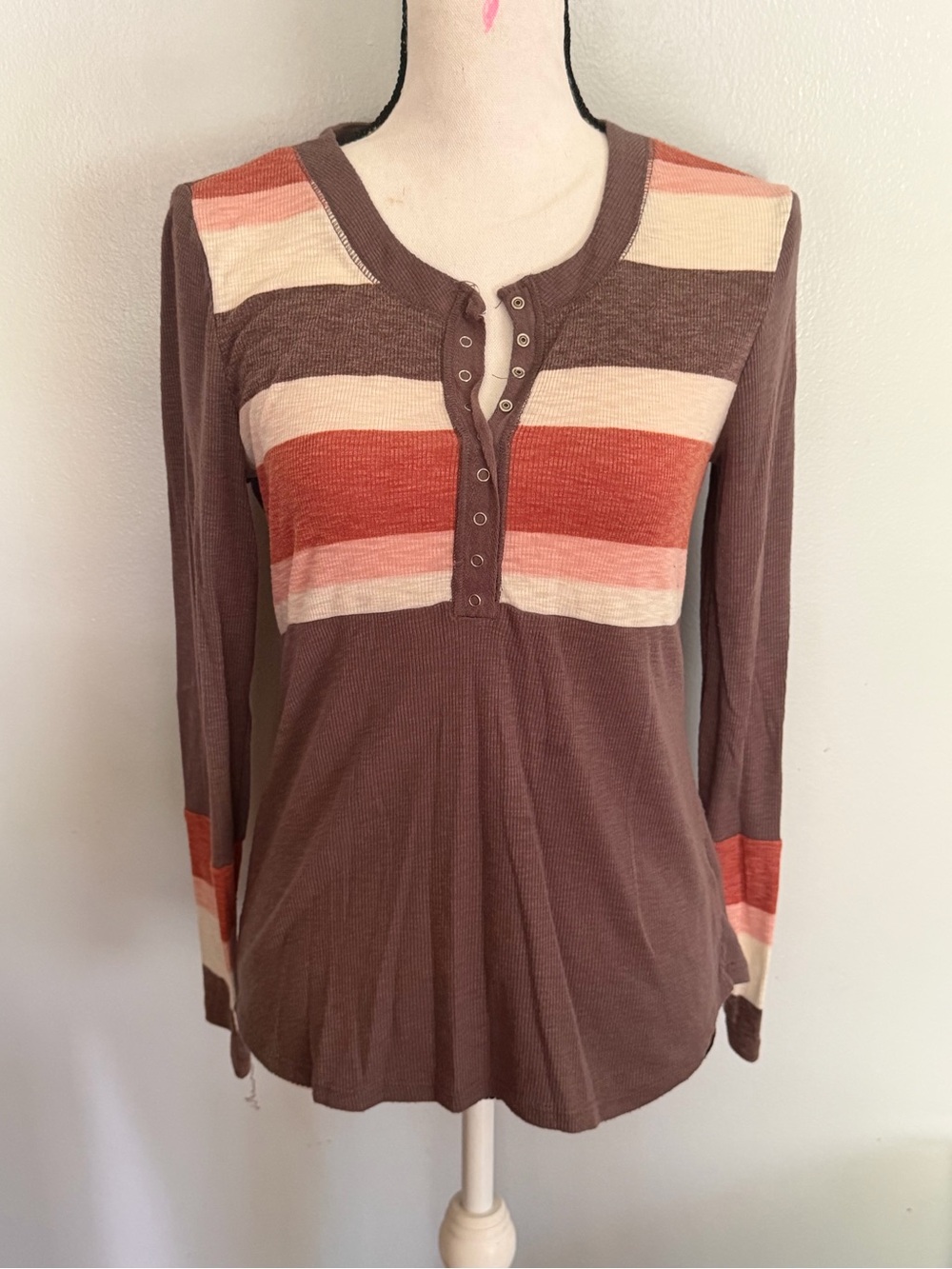 Maurices Brown Long-Sleeve Henley with Rust and Cream Stripes